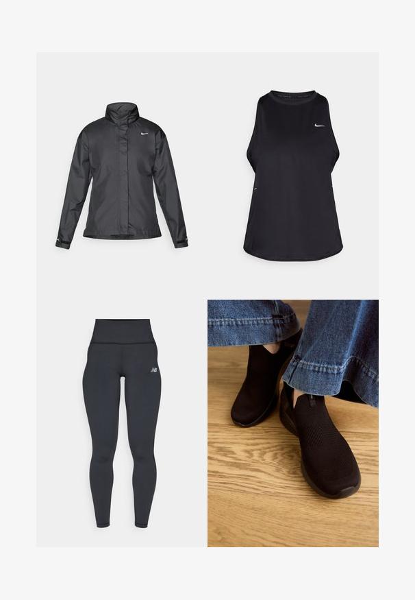 Zwarte windjack met een hoge kraag, volledige rits aan de voorkant en het Nike-logo op de borst; gemaakt van gladde, lichte stof.; Zwarte mouwloze hardlooptanktop van lichtgewicht materiaal met een ronde hals; heeft een subtiel logo en zijslits voor ventilatie.; Zwarte high-waisted sportlegging met een getailleerd ontwerp, een soepele textuur en een klein wit logo op de linkse heup.; Zwarte instapschoenen met een getextureerde gebreide bovenkant en elastische opening. Rond toelopende vorm en een lage, gevoerde zool, gedragen met een denim zoom.
