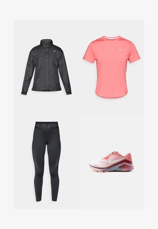 Melnā vēja izturīgā jaka ar augstu apkakli, pilnu rāvējslēdzēju priekšpusē un Nike logo uz krūšu; izgatavota no gludas, vieglas auduma.; Rozā Nike īsroku sporta T-krekls ar apaļu kakla izgriezumu, gludu tekstūru, baltu logotipu uz kreisā krūškurvja un atstarojošiem akcentiem sānos.; Melnas sporta legingi ar struktūrētu sānu paneļu, augstu elastīgu jostu ar "NIKE PRO" zīmolu un pieguļošu dizainu.; Rozā un sarkanā Nike skriešanas apava ar baltu Swoosh logotipu, amortizētu zoli un acs virskārtu, attēlota no sāniem uz balta fona.