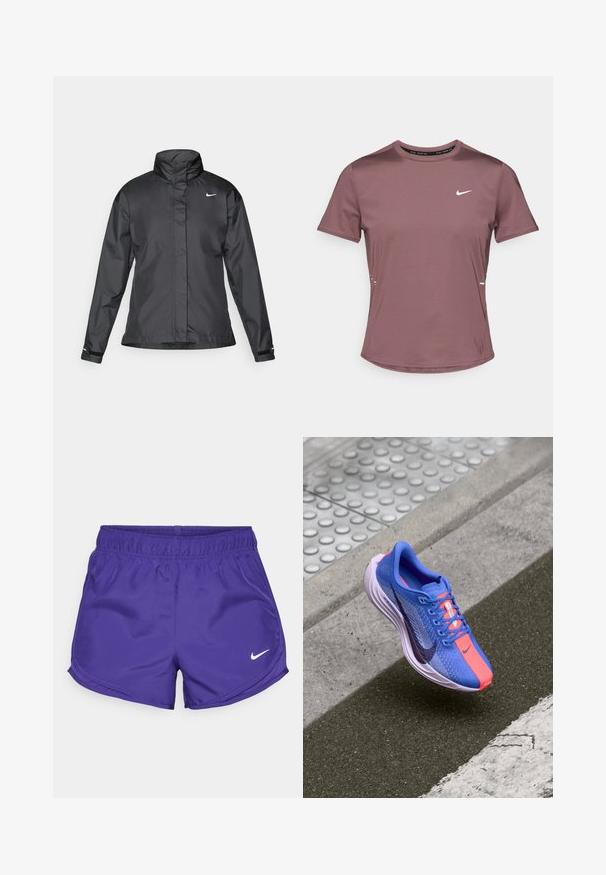 Čierna vetrovka s vysokým golierom, plným zipsom na prednej strane a logom Nike na hrudi; vyrobená z hladkej, ľahkej tkaniny.; Športové tričko s krátkym rukávom v tlmenom fialovom odtieni s hladkou textúrou. Na hrudi je malý biely logo Nike a po stranách reflektujúce doplnky.; Fialové športové šortky vyrobené z hladkej látky, s elastickým pásom a bielym logom Nike na spodnej pravej strane.; Bežecká obuv Nike v modrej a ružovej farbe, s mesh vrchom a textúrovanými vzormi, polstrovanou podrážkou a výraznou Swoosh logom v tmavomodrej farbe.