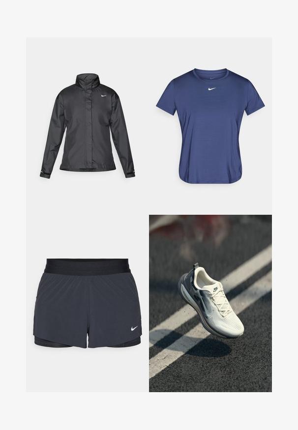 Veste coupe-vent noire avec un col haut, fermeture éclair complète à l'avant et logo Nike sur la poitrine ; fabriquée en tissu lisse et léger.; T-shirt de sport bleu marine à manches courtes, en tissu lisse et léger ; présente un logo Nike blanc centré sur la poitrine.; Shorts de sport noirs avec une taille élastique, dotés d'un design superposé et d'un petit logo Nike blanc en bas à gauche. Matière légère.; Chaussure de course blanche et noire avec l’étiquette « RUN » en plein air au-dessus d’une route asphaltée avec des lignes blanches.