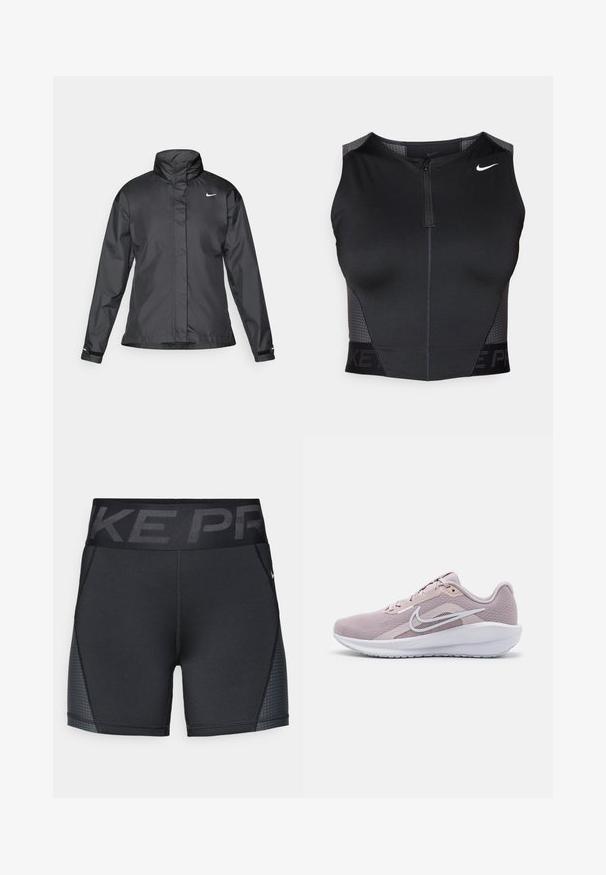 Chaqueta cortavientos negra con cuello alto, cierre frontal de cremallera completa y logo de Nike en el pecho; fabricada con un tejido suave y ligero.; Top deportivo negro corto con cierre de cremallera, paneles texturizados en los hombros y logo de la marca impreso. Confeccionado con tela elástica y transpirable.; Pantalones cortos atléticos negros hechos de una tela elástica, con una cinturilla ancha que lleva el logo "NIKE PRO" y sutiles acentos texturizados en los laterales.; Zapatilla deportiva de color rosa claro con una parte superior de malla transpirable, acentos blancos, un collar acolchado y una suela de goma texturizada para mayor agarre.