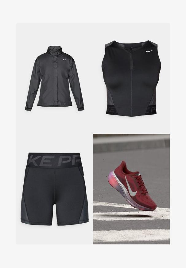 Sort vindjakke med høj krave, fuld lynlås foran og Nike-logo på brystet; lavet af glat, let vævning.; Sort atletisk crop top med lynlåslukning, teksturerede skulderpaneler og trykt mærkelogo. Fremstillet af strækbart, åndbart stof.; Sorte atletiske shorts lavet af strækbart stof, med en bred talje med "NIKE PRO" logo og subtile strukturerede detaljer langs siderne.; Rød Nike løbesko med hvid swoosh, svævende i luften over asfalt med hvide vejstriber, små stykker affald svæver i nærheden.
