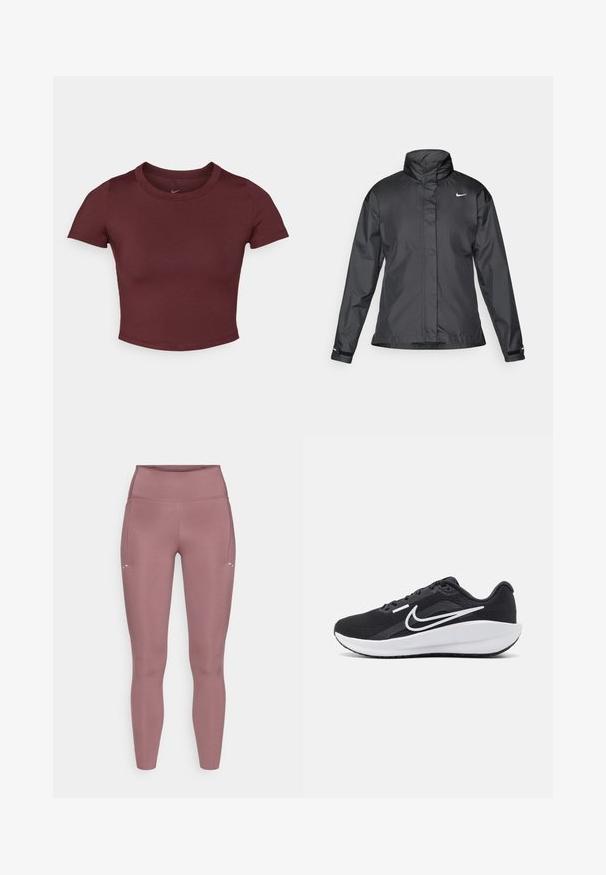 Čierna vetrovka s vysokým golierom, plným zipsom na prednej strane a logom Nike na hrudi; vyrobená z hladkej, ľahkej tkaniny.; Marónová cropped tričko z hladkej elastickej látky. Má krátke rukávy a okrúhly výstrih, s nenápadným logom na hrudi.; Legíny s priliehavým strihom a vysokým pásom v tlmenej ružovej farbe. Vyrobené z hladkej, pružnej látky s bočným vreckom a minimálnymi švovými detailmi.; Čierna športová obuv s sieťovinovým zvrškom, bielymi akcentmi, polstrovanou podrážkou a aerodynamickým dizajnom. Disponuje okrúhlou špičkou a plochou podrážkou.