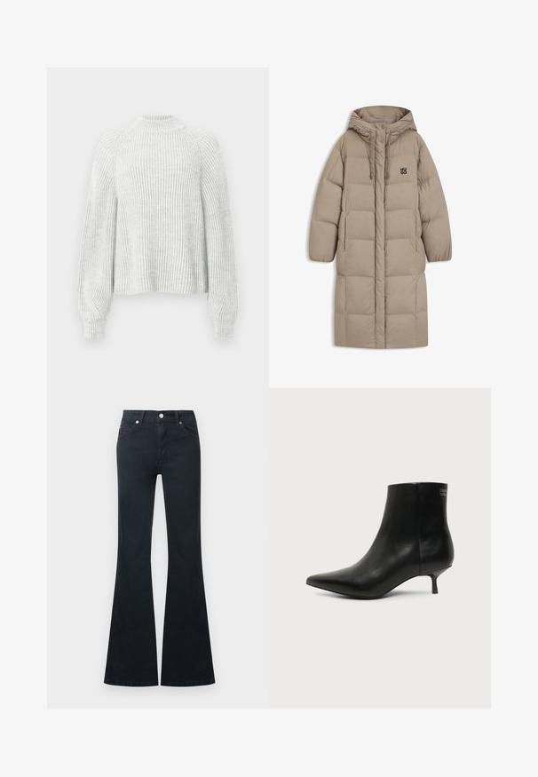 Manteau en duvet beige avec capuche, présentant un design matelassé, des accents à cordon de serrage et un petit logo noir sur la poitrine. Manches longues et amples.; Pull en maille côtelée gris clair avec un col montant, des manches raglan et des poignets ajustés. Texture douce et coupe décontractée.; Jean en denim noir évasé avec une taille haute, cinq poches et une fermeture à bouton métallique. Texture lisse et détails de couture contrastés.; Bottine en cuir noir avec bout pointu et petit talon kitten sur fond clair, vue côté extérieur.