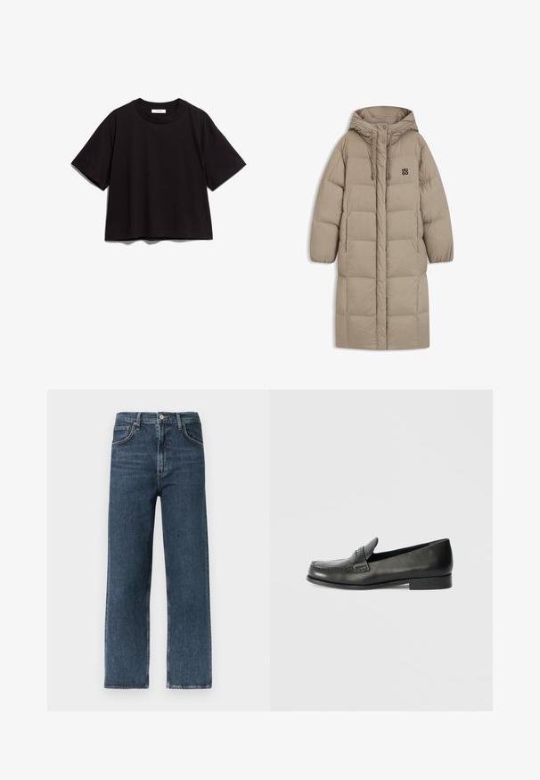 Abrigo acolchado beige con capucha, que presenta un diseño acolchado, detalles con cordón y un pequeño logo negro en el pecho. Mangas largas y sueltas.; Camiseta de algodón negra de manga corta y cuello redondo. Tiene un corte holgado y un diseño sencillo y sin adornos.; Vaqueros de pierna recta en azul oscuro hechos de mezclilla, con un diseño de cinco bolsillos, trabillas para cinturón y cierre de botón en la cintura.; Mocasines de cuero negro con puntera redondeada, detalles de costuras elevadas y un tacón bajo apilado. Textura suave con un brillo sutil.
