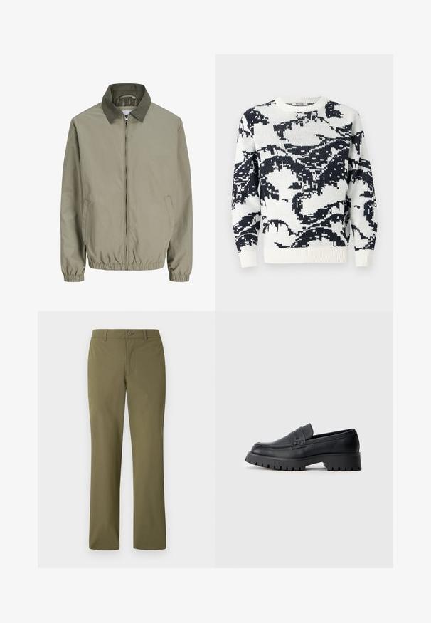 Veste beige clair zippée avec col vert foncé, poignets et ourlet élastiques, et poches en biais des deux côtés.; Pull en maille à col rond couleur crème avec un motif abstrait noir. Présente des poignets et un ourlet côtelés, confectionné dans un tissu doux et texturé.; Pantalon kaki à jambes droites avec passants de ceinture, fermeture à bouton sur le devant, sans poches visibles, présenté sur un fond blanc.; Mocassins en cuir noir avec un bout arrondi, présentant une sangle décorative et une semelle en caoutchouc épaisse avec de profonds crampons pour une meilleure adhérence.
