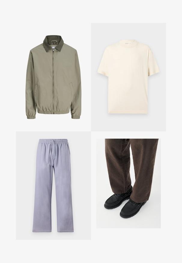 Chaqueta beige claro con cremallera, cuello verde oscuro, puños y dobladillo elásticos y bolsillos inclinados a ambos lados.; Camiseta beige lisa de manga corta con cuello redondo, mostrada extendida sobre un fondo gris claro.; Pantalones sueltos de color púrpura claro, con pierna ancha, hechos de una tela suave. Cuentan con una cintura elástica y cordón ajustable para un fit adaptable.; Zapatos de cuero negro con un acabado liso, punta redondeada y diseño con cordones, combinados con pantalones marrones texturizados. Vista desde abajo.