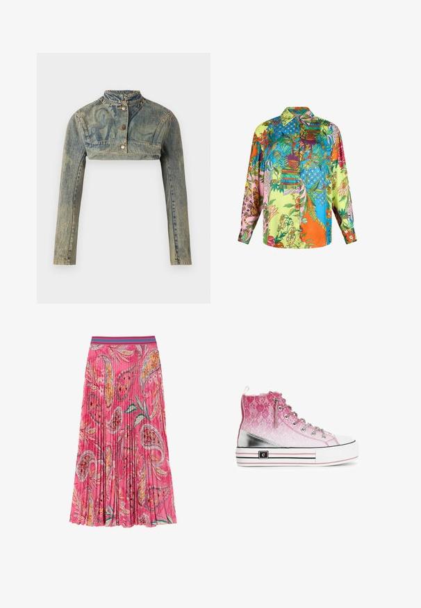 Paolina Russo Cowboyjakker - sand; Langærmet skjorte med knapper og iøjnefaldende botaniske, blomster- og tigerprint i klare orange, blå, grønne og pink farver.; Lyserød plisseret nederdel med blomster- og paisleymønstre, med en kontrasterende turkise stribet talje. Lavet af letvægtsstof.; Høj-top sneakers med et pink snøresystem, sølvdetaljer og en hvid gummitåhætte. Fremtrædende for den ombre-effekt og den tykke sål.