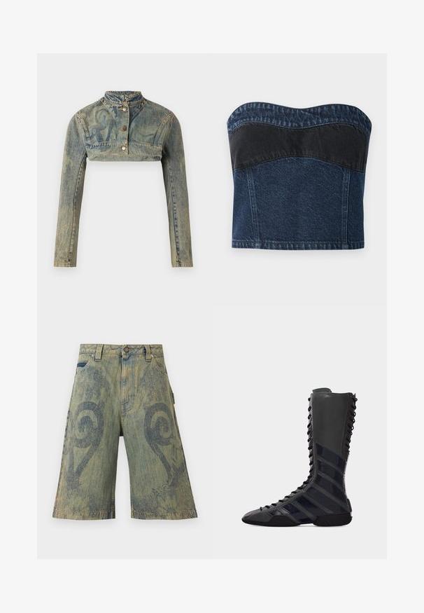 Paolina Russo Veste en jean - sand; Haut sans bretelles en denim avec un design bleu foncé et un panneau noir sur la partie supérieure, texture lisse et décolleté arrondi.; Paolina Russo Short en jean - sand; Botte de boxe haute noire à lacets avec des rayures diagonales brillantes et une semelle crantée, vue de côté sur fond blanc.