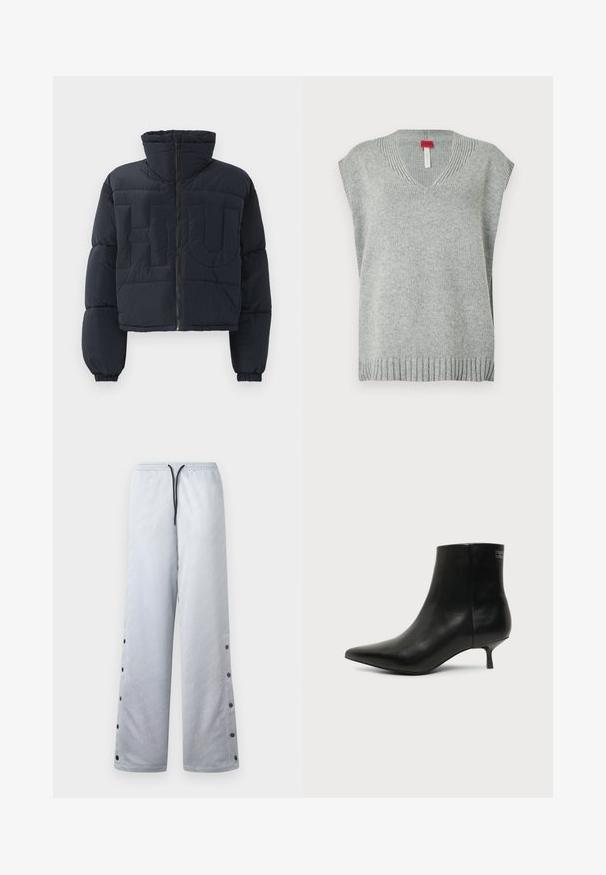 Sort cropped pufferjakke med høj krave, frontlynlås, elastiske manchetter og quiltede store prægede bogstaver "FLU" på brystet.; Lys grå strikket ærmeløs sweater vest med V-udskæring samt ribbede kanter og halsudskæring, præsenteret på hvid baggrund.; Lys grå træningsbukser med en blank overflade, der har en elastisk talje, sort snor og trykknapper langs sidesømmene.; Sort læder ankelstøvle med spids tå og lav kitten hæl på lys baggrund, der viser yderside.