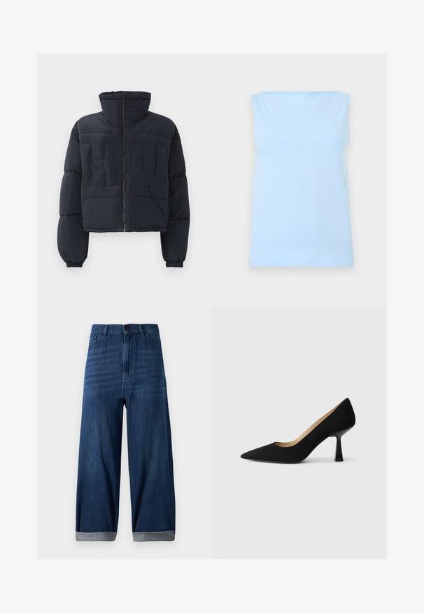 Zwarte cropped pufferjack met hoge kraag, rits aan de voorkant, elastische manchetten en grote gequilte reliëfletters "FLU" op de borst.; Lichtblauw mouwloos tanktop met een rechte halslijn, plat weergegeven tegen een neutrale achtergrond.; Donkerblauwe wijde denim jeans met opgerolde onderranden, voor knoop en zakken tegen een effen lichte achtergrond.; Zwarte suède high-heeled pump met een spitse neus, voorzien van een glanzende zwarte blokhak en een gladde binnenvoering.