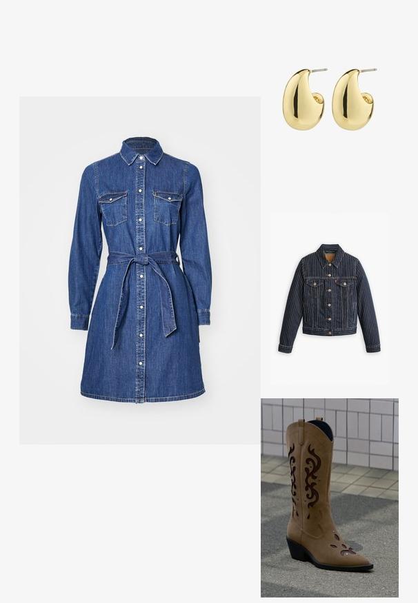 Blaue Jeansjacke mit weißen vertikalen Streifen, Knopfverschluss, zwei Brusttaschen und einem Kragen. Nähte sichtbar entlang der Säume.; Denimhemdkleid mit langen Ärmeln, durchgehender Knopfleiste, Brusttaschen und einem Kordelzug in der Taille. Verfügt über einen klassischen Kragen und einen mittellangen Saum.; Beiger Wildleder-Cowboystiefel mit dunkelbraunen dekorativen Ausschnitten und Nähten, stehend auf Gehweg vor gefliester Wand.; Goldfarbene Steckerohrringe mit einer glatten, glänzenden Oberfläche, die eine abstrahierte, tropfenförmige Form aufweisen. Einfache Metallstiftbefestigung.