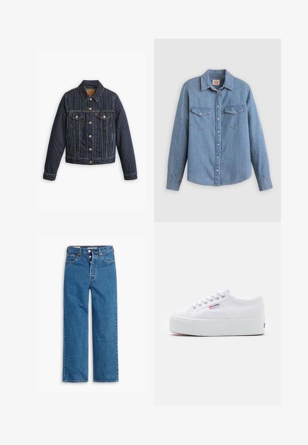 Blå denimjakke med hvide lodrette striber, knapfront, to brystlommer og en krave. Syninger synlige langs sømmene.; Lyseblå denimskjorte med lange ærmer, knapper foran, to brystlommer og klassisk krave. Glat tekstur og afslappet pasform.; Blå denim lige ben jeans med høj talje, fem lomme design og knaplukning. Markante syninger og kobberfarvede nitter.; Hvide canvas sneakers med en tyk hvid platformssål, rund tå og metaløjelets til snørebånd. Mærkets logo præsenteret på siden.