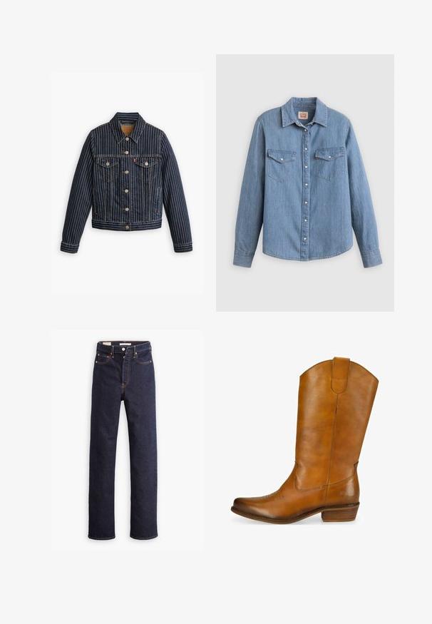 Blauwe denimjack met witte verticale strepen, knoopsluiting aan de voorkant, twee borstzakken en een kraag. Stiksels zichtbaar langs de naden.; Lichtblauw spijkerhemd met lange mouwen, knoopsluiting aan de voorkant, twee borstzakken en een klassieke kraag. Soepele textuur en een ontspannen pasvorm.; Donkerblauwe straight-leg denim jeans met vijf zakken en zichtbare oranje stiksels op een witte achtergrond.; Heren leren cowboylaarzen in tan kleur met een gladde afwerking, een gebogen bovenkant, decoratieve stiksels op de teen en een lage gestapelde hak. Bruin accentlogo op de zijkant.