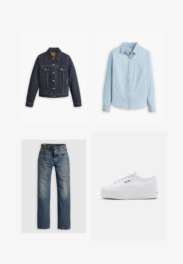 Veste en denim bleu avec des rayures verticales blanches, fermé par des boutons, deux poches poitrine et un col. Couture visible le long des coutures.; Chemise boutonnée bleu clair en denim doux. Dotée d'un col classique et de manches longues, avec un petit logo sur la poitrine.; Jeans en denim bleu avec une coupe droite, dotés de coutures visibles, d'une fermeture éclair et de cinq poches. Des zones décolorées ajoutent de la texture.; Baskets en toile blanches avec une épaisse semelle plateforme blanche, bout rond et œillets en métal pour les lacets. Logo de la marque affiché sur le côté.