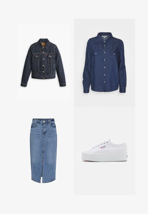 Blauwe denimjack met witte verticale strepen, knoopsluiting aan de voorkant, twee borstzakken en een kraag. Stiksels zichtbaar langs de naden.; ONLY ONLLINETTE SHIRT - Blouse - dark blue denim; Lichtblauwe denim midi rok met een voorflap, vijf zakken, riemlussen en een knoopsluiting in de taille. Klassieke pasvorm en textuur.; Witte canvas sneaker met een dikke witte platformzool, ronde neus en metalen oogjes voor veters. Merkl logo aan de zijkant weergegeven.