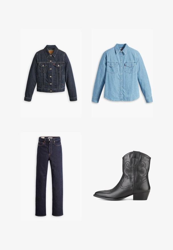 Blauwe denimjack met witte verticale strepen, knoopsluiting aan de voorkant, twee borstzakken en een kraag. Stiksels zichtbaar langs de naden.; Lichtblauwe spijker blouse met lange mouwen, puntige kraag, twee borstzakken, knoopsluiting en subtiele textuur. Geen zichtbare patronen.; Donkerblauwe straight-leg denim jeans met vijf zakken en zichtbare oranje stiksels op een witte achtergrond.; Zwarte leren cowboylaars met een spitse neus, decoratieve stiksels op de schacht en een gestapelde hak. Glad van structuur en geen zichtbare metallic onderdelen.