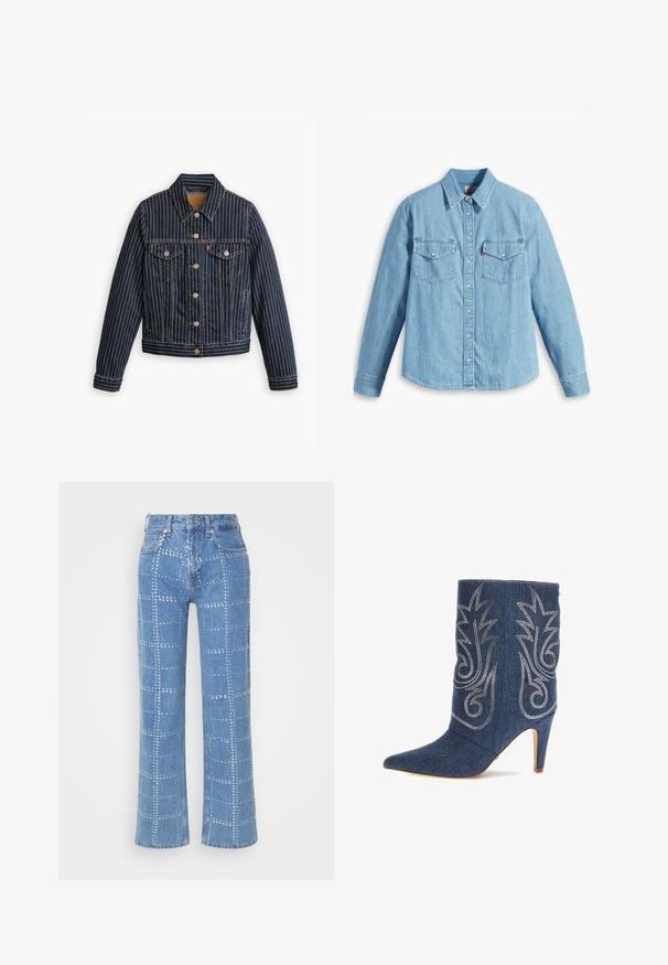 Veste en denim bleu avec des rayures verticales blanches, fermé par des boutons, deux poches poitrine et un col. Couture visible le long des coutures.; Chemise en denim bleu clair à manches longues, col pointu, deux poches poitrine, patte de boutonnage et texture subtile. Pas de motifs visibles.; Jean en denim bleu clair avec une coupe droite, ornés d'un motif en grille de clous argentés et d'un design classique à cinq poches.; Bottine en denim avec un bout pointu, un design incurvé, des coutures décoratives argentées et un talon aiguille de 8 cm. Bleu foncé avec une finition texturée.