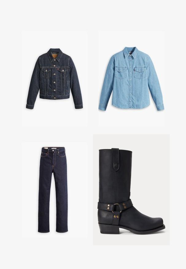 Blauwe denimjack met witte verticale strepen, knoopsluiting aan de voorkant, twee borstzakken en een kraag. Stiksels zichtbaar langs de naden.; Lichtblauwe spijker blouse met lange mouwen, puntige kraag, twee borstzakken, knoopsluiting en subtiele textuur. Geen zichtbare patronen.; Donkerblauwe straight-leg denim jeans met vijf zakken en zichtbare oranje stiksels op een witte achtergrond.; Zwarte leren laars tot halverwege de kuit met lage hak, ronde neus en decoratieve band met metalen klinknagels en ring rond de enkel.