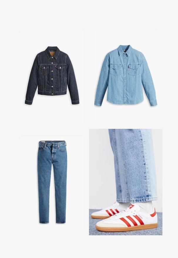 Blaue Jeansjacke mit weißen vertikalen Streifen, Knopfverschluss, zwei Brusttaschen und einem Kragen. Nähte sichtbar entlang der Säume.; Helles blaues Denimhemd mit langen Ärmeln, spitzem Kragen, zwei Brusttaschen, Knopfleiste und subtiler Struktur. Keine sichtbaren Muster.; Hellblaue Denim-Jeans mit geradem Schnitt, fünf Taschen und klassischem Knopfverschluss. Mit orangefarbenen Nähten und einer leicht verwaschenen Textur.; Weiße Leder Sneaker mit roten Streifen und Akzenten. Verfügt über eine strukturierte Gummi-Laufsohle und einen gepolsterten Schaft. Tragen mit hellblauer Jeans.