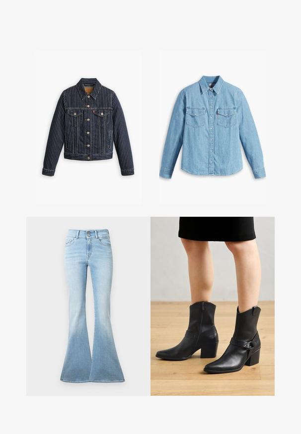 Blauwe denimjack met witte verticale strepen, knoopsluiting aan de voorkant, twee borstzakken en een kraag. Stiksels zichtbaar langs de naden.; Lichtblauwe spijker blouse met lange mouwen, puntige kraag, twee borstzakken, knoopsluiting en subtiele textuur. Geen zichtbare patronen.; Lichtblauwe uitlopende jeans van denim. Heeft een hoge taille met twee knopen en een lichte vervaging naar de zoom. Klassiek vijf-pocketontwerp.; Zwarte leren enkellaarzen met een puntige neus, ritssluiting, gebogen hak en een decoratieve band met metalen accenten.
