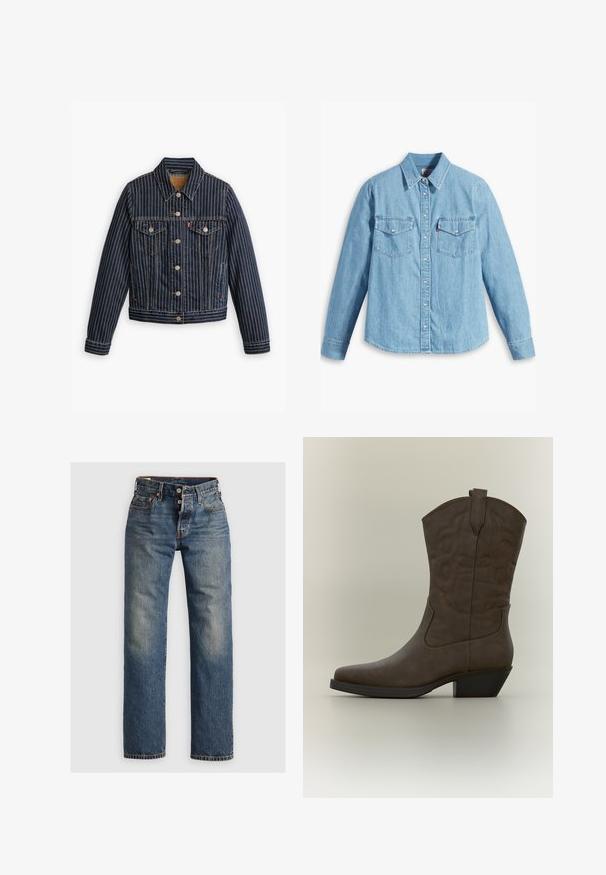 Blaue Jeansjacke mit weißen vertikalen Streifen, Knopfverschluss, zwei Brusttaschen und einem Kragen. Nähte sichtbar entlang der Säume.; Helles blaues Denimhemd mit langen Ärmeln, spitzem Kragen, zwei Brusttaschen, Knopfleiste und subtiler Struktur. Keine sichtbaren Muster.; Blaue Denim-Jeans mit geradem Bein, ausgestattet mit sichtbaren Nähten, einem Reißverschluss und fünf Taschen. Ausgewaschene Stellen sorgen für Textur.; Brauner, halbhoher Leder-Cowboystiefel mit spitzer Kappe, dekorativen Nähte, Zugschlaufe und schrägem Blockabsatz vor neutralem Hintergrund.