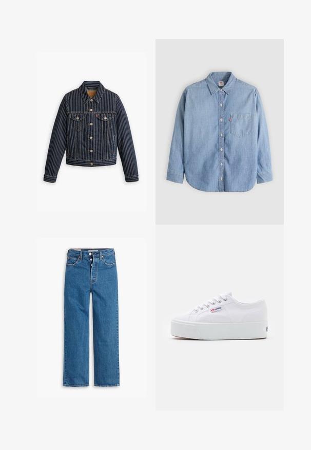 Blå denimjakke med hvide lodrette striber, knapfront, to brystlommer og en krave. Syninger synlige langs sømmene.; Lyseblå denimskjorte med button-down-krave, forlompe og lange ærmer. Har en buet kant og en subtil tekstur.; Blå denim lige ben jeans med høj talje, fem lomme design og knaplukning. Markante syninger og kobberfarvede nitter.; Hvide canvas sneakers med en tyk hvid platformssål, rund tå og metaløjelets til snørebånd. Mærkets logo præsenteret på siden.