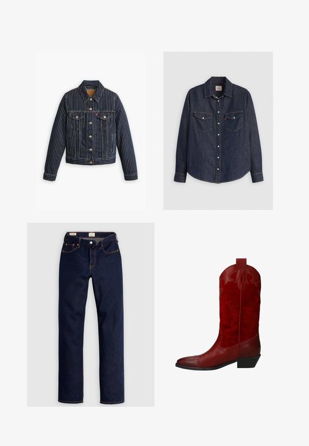 Blauwe denimjack met witte verticale strepen, knoopsluiting aan de voorkant, twee borstzakken en een kraag. Stiksels zichtbaar langs de naden.; Donkerblauwe denim overhemd met lange mouwen, kraag met knopen aan de voorkant, twee borstzakken met kleppen en contrasterende gele stiksels.; Donkerblauwe jeans met rechte pijpen, oranje stiksels, vijf zakken en knoopsluiting, plat neergelegd op een lichte achtergrond.; Rode cowboylaars van een combinatie van glad leer en textuur-suède, met decoratieve stiksel en een lage hak.