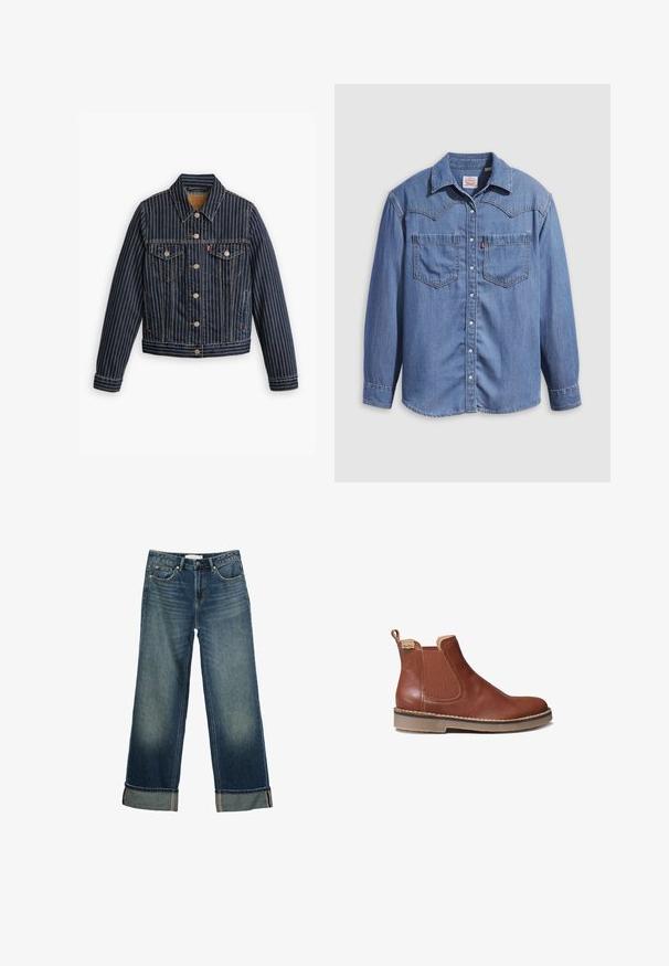 Blå denimjakke med hvide lodrette striber, knapfront, to brystlommer og en krave. Syninger synlige langs sømmene.; Lyseblå denimskjorte med spidst krave, to brystlommer og trykknapper. Har et western-inspireret stykke på skuldrene.; Bredde ben blå denim jeans med en falmet finish, fem lomme-design og foldede manchetter med kontrastsyninger. Glat tekstur.; Brun læder Chelsea-støvle med elastiske sidepaneler, struktureret overflade, rund tå og en kontrasterende lys sål.