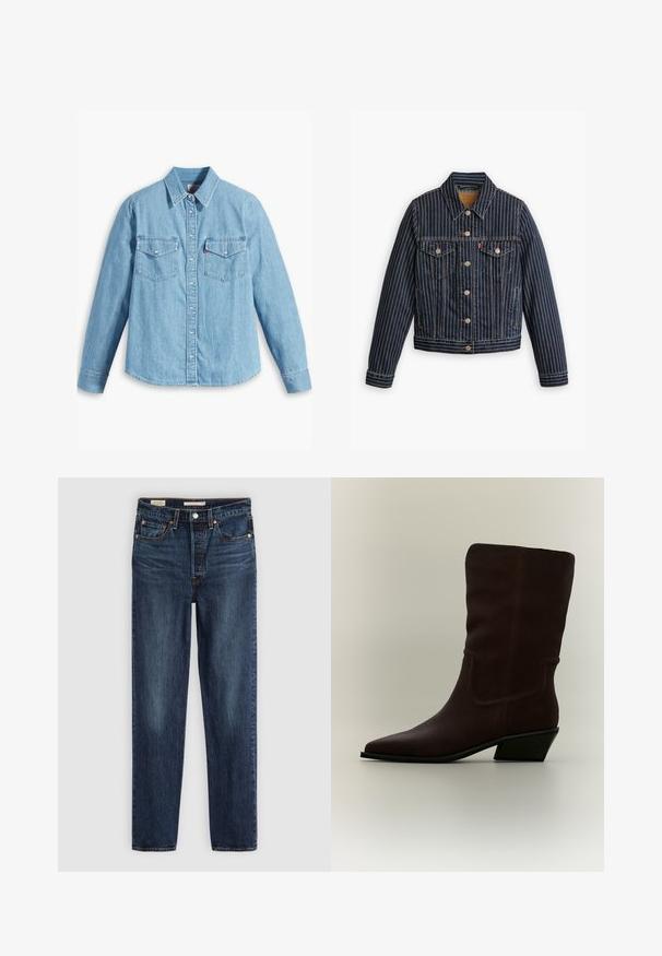 Blaue Jeansjacke mit weißen vertikalen Streifen, Knopfverschluss, zwei Brusttaschen und einem Kragen. Nähte sichtbar entlang der Säume.; Helles blaues Denimhemd mit langen Ärmeln, spitzem Kragen, zwei Brusttaschen, Knopfleiste und subtiler Struktur. Keine sichtbaren Muster.; Dunkelblaue gerade geschnittene Jeans mit fünf Taschen, Knopf- und Reißverschluss und kontrastierenden Nähten.; Dunkelbrauner Wildlederstiefel bis zur Mitte der Wade mit spitzer Kappe und niedrigem schrägem Blockabsatz vor schlicht hellem Hintergrund.