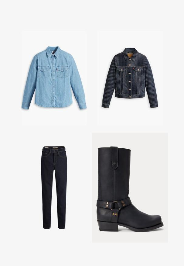 Blauwe denimjack met witte verticale strepen, knoopsluiting aan de voorkant, twee borstzakken en een kraag. Stiksels zichtbaar langs de naden.; Lichtblauwe spijker blouse met lange mouwen, puntige kraag, twee borstzakken, knoopsluiting en subtiele textuur. Geen zichtbare patronen.; Donkerblauwe denim jeans met een rechte pasvorm, voorzien van voorzakken, een ritssluiting en contrasterende goudgele stikdetails.; Zwarte leren laars tot halverwege de kuit met lage hak, ronde neus en decoratieve band met metalen klinknagels en ring rond de enkel.