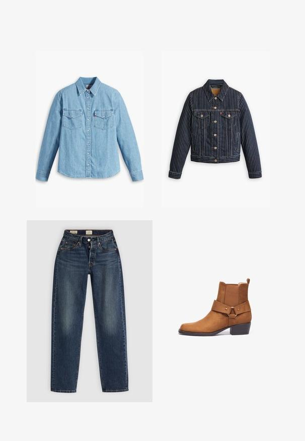 Blaue Jeansjacke mit weißen vertikalen Streifen, Knopfverschluss, zwei Brusttaschen und einem Kragen. Nähte sichtbar entlang der Säume.; Helles blaues Denimhemd mit langen Ärmeln, spitzem Kragen, zwei Brusttaschen, Knopfleiste und subtiler Struktur. Keine sichtbaren Muster.; Blaue Denim-Jeans mit geradem Bein, ausgewaschenen Stellen, seitlichen Taschen und einem Knopfverschluss an der Taille. Keine sichtbaren Muster oder Akzente.; Braune Wildleder-Ankle-Boots mit flachem Absatz, ausgestattet mit einem elastischen Seitenpanel und einem breiten Riemen über dem Mittelfuß mit einem runden Hardware-Akzent.