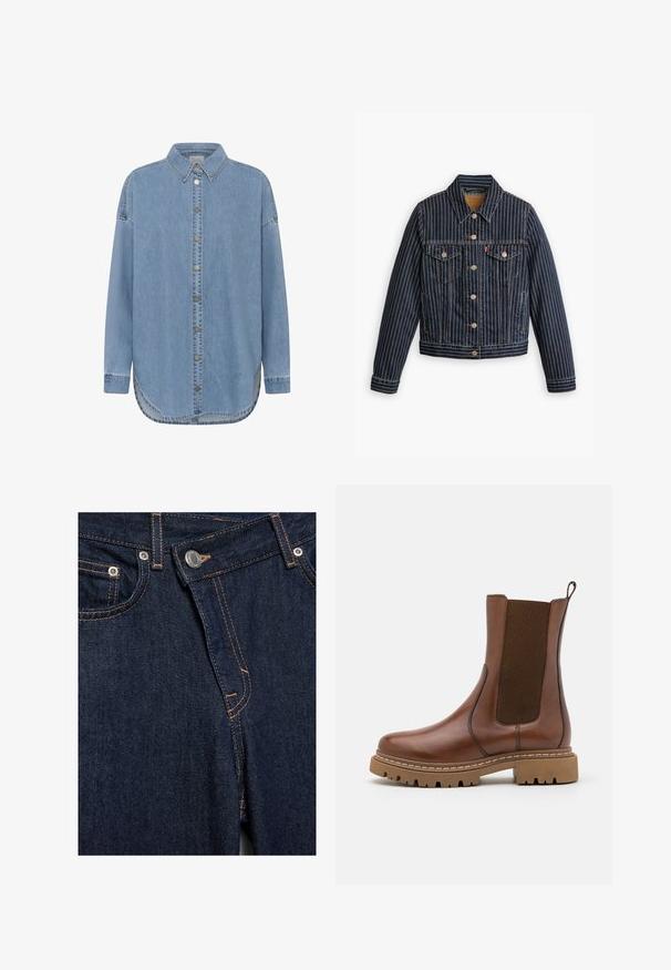 Veste en denim bleu avec des rayures verticales blanches, fermé par des boutons, deux poches poitrine et un col. Couture visible le long des coutures.; Chemise en denim bleu clair à manches longues avec fermeture boutonnée devant, col pointu et ourlet arrondi.; Gros plan sur le devant d'un jean en denim bleu foncé avec bouton métallique, braguette zippée, poches avant et détails de couture orange.; Bottine en cuir marron avec des panneaux élastiques et une languette de tirage. Elle possède une semelle en caoutchouc épaisse et des détails de couture visibles le long des bords.