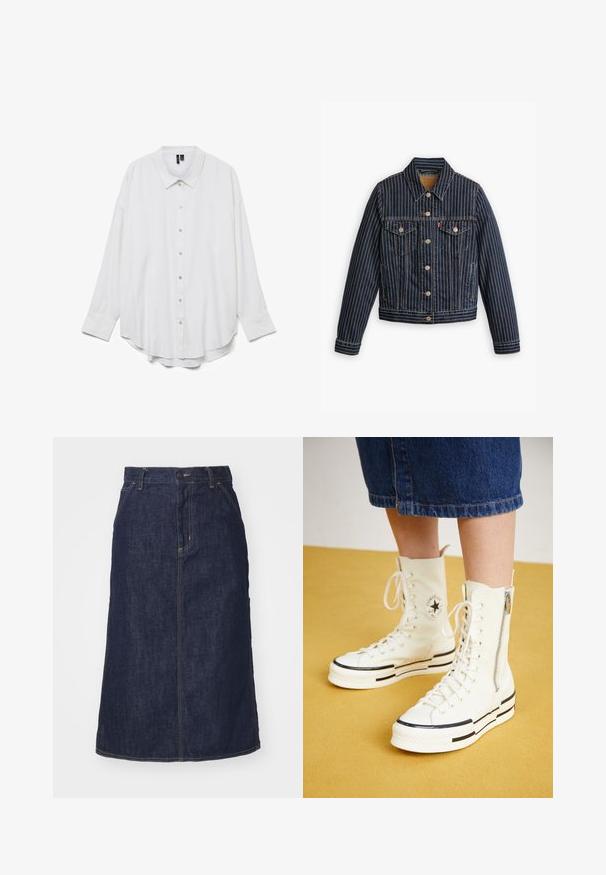 Blaue Jeansjacke mit weißen vertikalen Streifen, Knopfverschluss, zwei Brusttaschen und einem Kragen. Nähte sichtbar entlang der Säume.; Weißes langärmliges Hemd mit Knopfleiste, spitzem Kragen und abgerundetem Saum, dargestellt auf weißem Hintergrund.; Dunkelblaue Jeansrock mit hoher Taille, geradem Schnitt, aufgesetzten Taschen und genähten Nähten. Mit einem Reißverschluss und einem Knopfverschluss an der Taille.; Weiße High-Top-Sneaker mit Reißverschluss, Schnürdesign und schwarzen Streifenakzenten auf einer dicken Sohle. Texturiertes Canvas-Material.