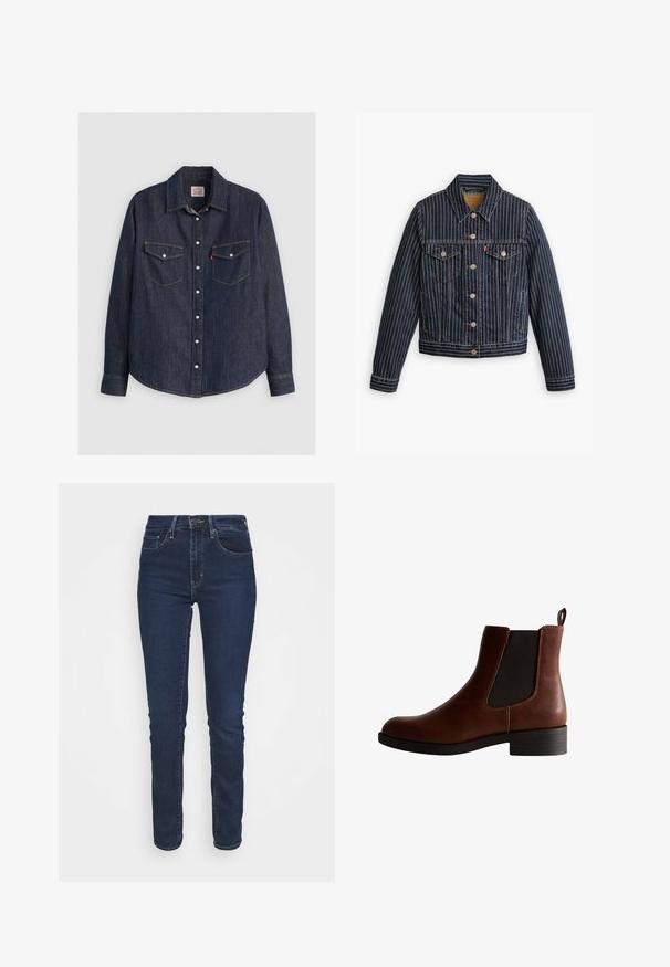 Blauwe denimjack met witte verticale strepen, knoopsluiting aan de voorkant, twee borstzakken en een kraag. Stiksels zichtbaar langs de naden.; Donkerblauwe denim overhemd met lange mouwen, kraag met knopen aan de voorkant, twee borstzakken met kleppen en contrasterende gele stiksels.; Donkerblauwe denim jeans met een slim fit, medium hoge taille, voorzakken en een ritssluiting. De stof heeft een gladde textuur.; Bruine leren enkelboot met elastische zijkanten, ronde neus en een lage blokhak. Kenmerkt zich door contrasterende stiksels en een trekband.