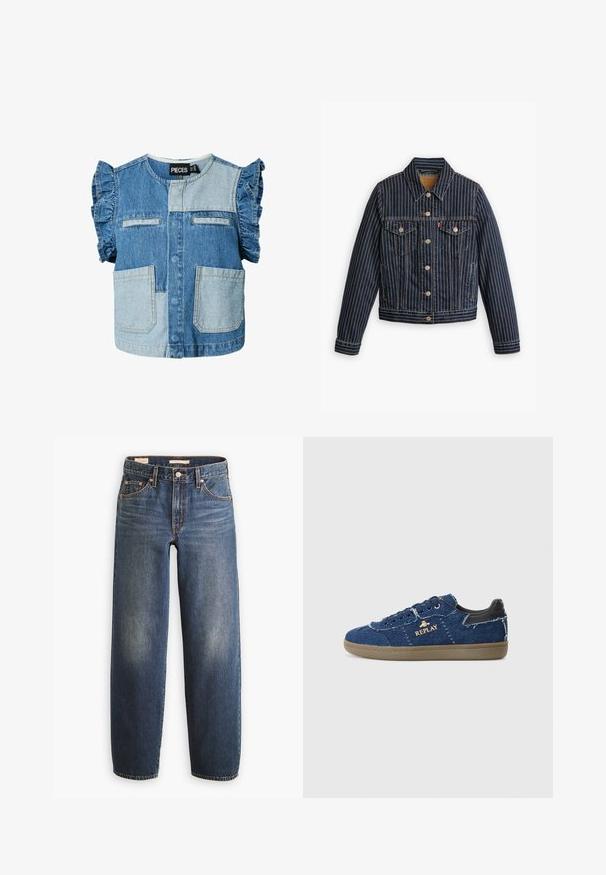 Veste en denim bleu avec des rayures verticales blanches, fermé par des boutons, deux poches poitrine et un col. Couture visible le long des coutures.; Haut en denim sans manches pour enfants avec épaules volantées, poches plaquées et panneaux contrastés bleu clair et bleu foncé.; Jean en denim bleu foncé avec une coupe droite, doté de cinq poches, de rivets en cuivre et d'un léger délavage sur les cuisses.; Replay PYPER - Baskets basses - blue