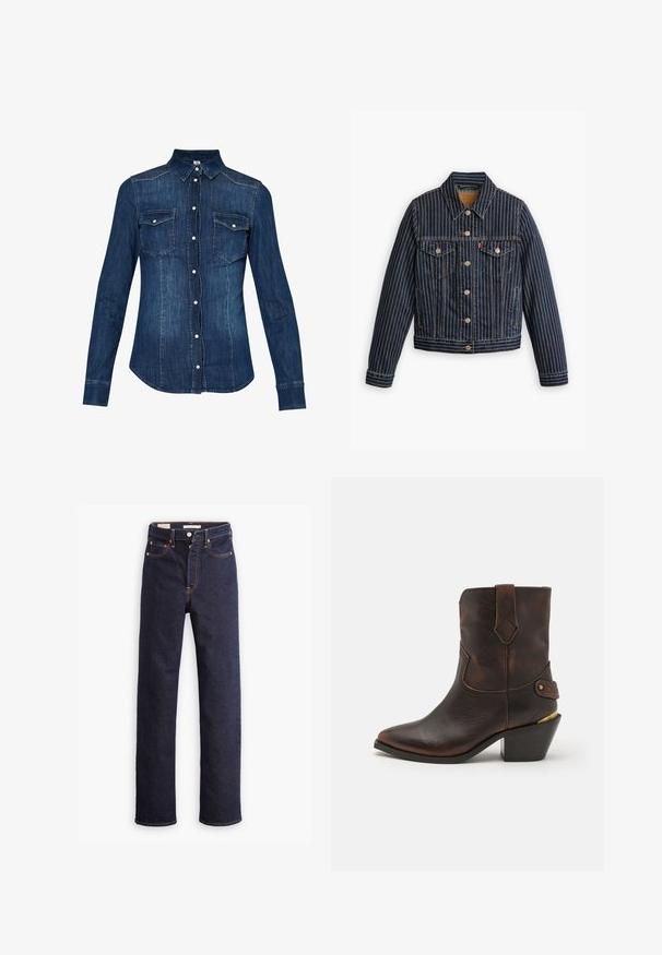 Veste en denim bleu avec des rayures verticales blanches, fermé par des boutons, deux poches poitrine et un col. Couture visible le long des coutures.; Chemise en denim bleu foncé, avec une fermeture à boutons à l'avant, un col pointu et deux poches sur la poitrine avec rabat. Manches longues avec poignets boutonnés.; Jean en denim droit bleu foncé avec cinq poches et coutures orange visibles sur un fond blanc.; Botte de cowboy en cuir marron avec un bout pointu et un talon empilé. Présente un motif en losange décoratif et une sangle avec un accent en quincaillerie.