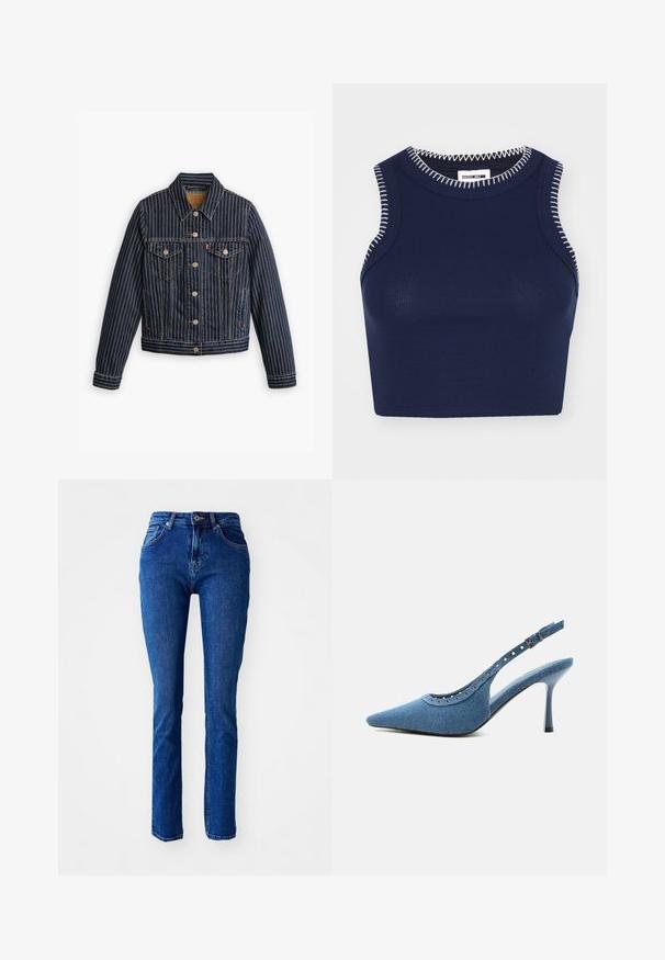 Blaue Jeansjacke mit weißen vertikalen Streifen, Knopfverschluss, zwei Brusttaschen und einem Kragen. Nähte sichtbar entlang der Säume.; Marineblaue gerippte Tanktop mit Rundhalsausschnitt, das kontrastierende weiße Nähte entlang der Kanten und keine Ärmel aufweist.; Blaue Jeans aus Denim mit schmaler Passform, hohem Bund, geraden Beinen und gesteppten Details. Verfügt über einen Knopf- und Reißverschluss. Keine zusätzlichen Verzierungen.; Blauer Denim-Pumps mit spitz zulaufender Vorderkappe, silbernen Ösendetails und verstellbarem Schnallenriemen.