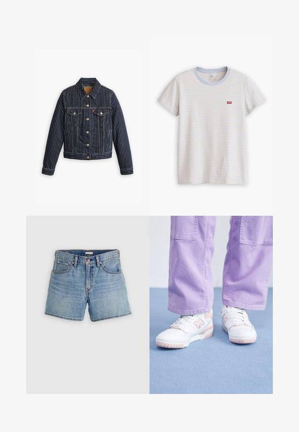 Blauwe denimjack met witte verticale strepen, knoopsluiting aan de voorkant, twee borstzakken en een kraag. Stiksels zichtbaar langs de naden.; Wit T-shirt met korte mouwen met dunne horizontale blauwe en beige strepen en een klein rood Levi's-logo op de linkerborst.; Lichtblauwe denim shorts met een hoge taille, voorzien van vijf zakken, een ritssluiting en een ruwe zoom. Klassieke stiksels en een licht vervaagde textuur.; Witte sneakers met roze accenten, bovenkant van gestructureerd leer en rubberen zool, gecombineerd met lichtpaarse wijde broek op een blauwe ondergrond.