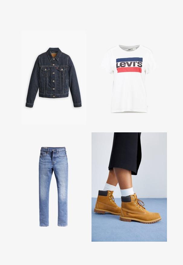 Blauwe denimjack met witte verticale strepen, knoopsluiting aan de voorkant, twee borstzakken en een kraag. Stiksels zichtbaar langs de naden.; Witte katoenen t-shirt met korte mouwen en een ronde hals, met een centraal ontwerp van het Levi's-logo in blauw, rood en zwart.; Lichtblauwe denim jeans met een rechte pasvorm, vijf zakken en contrasterende stiksels. De stof lijkt licht vervaagd.; Tan suède enkellaarsjes met bruine leren accenten, gouden oogjes en een getextureerde zool. Witte sokken zichtbaar boven de laarsjes.