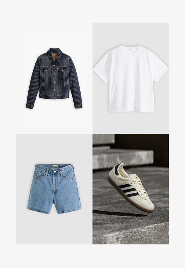 Blå denimjakke med hvide lodrette striber, knapfront, to brystlommer og en krave. Syninger synlige langs sømmene.; Hvid bomuld t-shirt med korte ærmer, rund hals, afslappet pasform, glat tekstur og en lille logolabel på venstre sidesøm.; Lyseblå cowboyshorts med forreste knap og lynlås, bæltestropper og fem-lommer design mod en ensfarvet baggrund.; Hvid Adidas Samba sneaker med sorte striber og gummsål, svævende over teksturerede grå betonstrin.