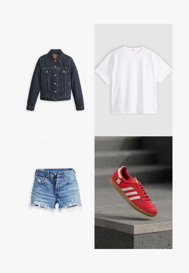 Veste en denim bleu avec des rayures verticales blanches, fermé par des boutons, deux poches poitrine et un col. Couture visible le long des coutures.; T-shirt en coton blanc à manches courtes, col rond, coupe décontractée, texture lisse, avec une petite étiquette logo sur la couture latérale gauche.; Shorts en denim bleu clair avec des bords effilochés, taille haute, fermeture à bouton et deux poches avant ; des détails usés ajoutent de la texture.; Chaussure de sport rouge avec des rayures blanches, une broderie florale et une semelle en gomme. Tissu lisse avec des accents en daim. Modèle : Samba.