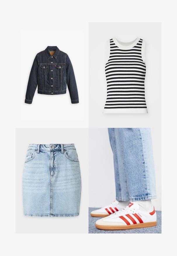 Blaue Jeansjacke mit weißen vertikalen Streifen, Knopfverschluss, zwei Brusttaschen und einem Kragen. Nähte sichtbar entlang der Säume.; Rippstrick ärmelloses Oberteil mit schwarzen und weißen horizontalen Streifen, rundem Ausschnitt und figurbetonter Silhouette.; Hellblauer Jeans-Minirock mit Frontknopf, Gürtelschlaufen, zwei Vordertaschen und sichtbarer vertikaler Naht in der Mitte.; Weiße Leder Sneaker mit roten Streifen und Akzenten. Verfügt über eine strukturierte Gummi-Laufsohle und einen gepolsterten Schaft. Tragen mit hellblauer Jeans.