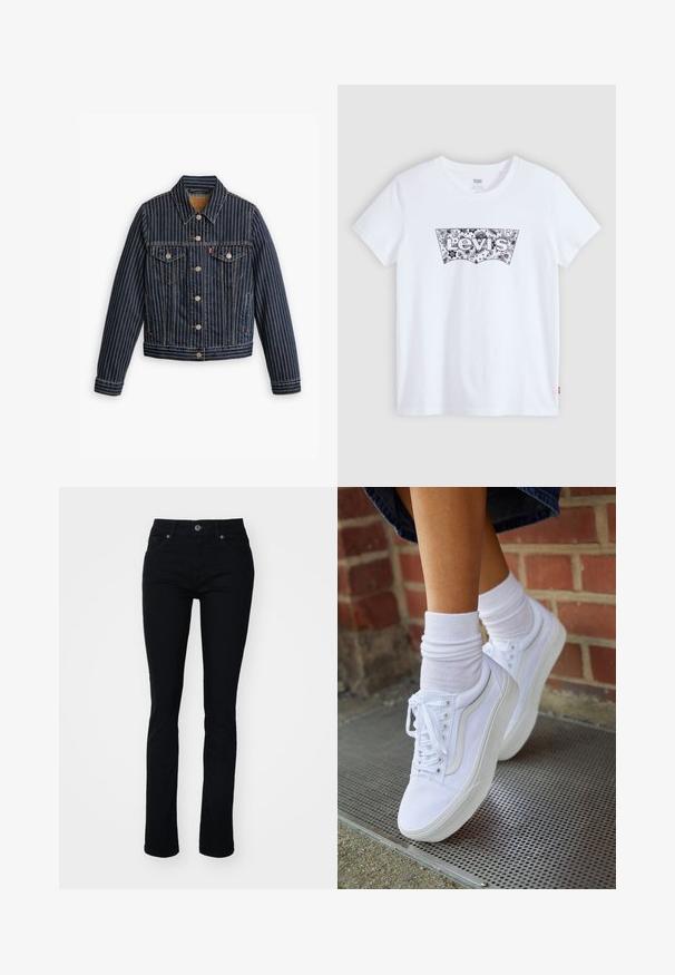Blauwe denimjack met witte verticale strepen, knoopsluiting aan de voorkant, twee borstzakken en een kraag. Stiksels zichtbaar langs de naden.; Witte Levi's T-shirt met korte mouwen en een zwart bloemenpatroon logo in het midden van de borst.; Zwarte denim jeans met een slim fit, vijf-pocket ontwerp, ritssluiting en knoopsluiting. Glad textuur en lichte rek voor comfort.; Witte canvas sneakers met rubberen zolen, voorzien van zes vetertjes, een ronde neus en lichte stikdetails, gecombineerd met witte enkelsokken.