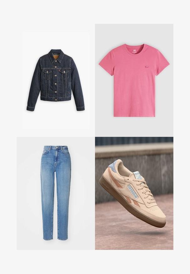 Veste en denim bleu avec des rayures verticales blanches, fermé par des boutons, deux poches poitrine et un col. Couture visible le long des coutures.; T-shirt Levi's rose à manches courtes avec col rond et petit logo Levi's sur la poitrine gauche, présenté sur un fond clair uni.; Jean taille haute bleu clair avec une coupe droite. Fabriqué en denim, avec cinq poches et une fermeture à bouton à l'avant. Texture lisse.; Sneaker en suède beige avec des accents marron clair, semelle texturée et languette de talon bleue. Présente le logo Reebok et un design de bout perforé.