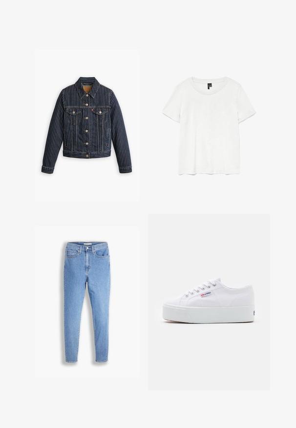 Blauwe denimjack met witte verticale strepen, knoopsluiting aan de voorkant, twee borstzakken en een kraag. Stiksels zichtbaar langs de naden.; Witte t-shirt met korte mouwen en een ronde hals, gemaakt van lichte stof. Eenvoudig ontwerp, gladde textuur en rechte zoom.; Lichtblauwe hoge taille slim-fit jeans met voor- en achterzakken, knoopsluiting en riemlussen op een witte achtergrond.; Witte canvas sneaker met een dikke witte platformzool, ronde neus en metalen oogjes voor veters. Merkl logo aan de zijkant weergegeven.