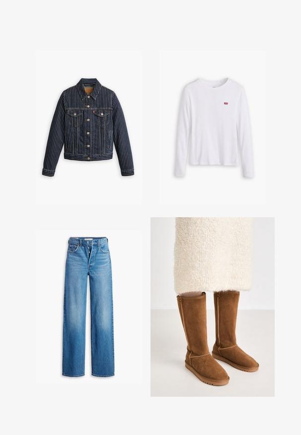 Blauwe denimjack met witte verticale strepen, knoopsluiting aan de voorkant, twee borstzakken en een kraag. Stiksels zichtbaar langs de naden.; Witte lange mouwen shirt van zachte katoen. Bevat een klein rood Levi's logo op de linkerborst. Klassiek ronde hals ontwerp.; Blauwe spijkerbroek met een hoge taille, wijde pijpen en vijf-pocketstijl. Voorzien van een knopenfly en een vervaagde afwerking.; Knee-high bruine suède laarzen met een gladde textuur, voorzien van zijstiksels en een rubberen zool voor grip.