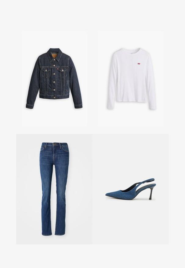 Veste en denim bleu avec des rayures verticales blanches, fermé par des boutons, deux poches poitrine et un col. Couture visible le long des coutures.; Chemise blanche à manches longues en coton doux. Présente un petit logo rouge Levi's sur la poitrine gauche. Design classique à col rond.; Jeans droits bleus avec une légère décoloration, poches avant, passants de ceinture et fermeture à bouton sur fond blanc.; Talons slingback en denim bleu avec un bout pointu, présentant un talon noir fin et un dessus en tissu texturé. Design ouvert à l'arrière.