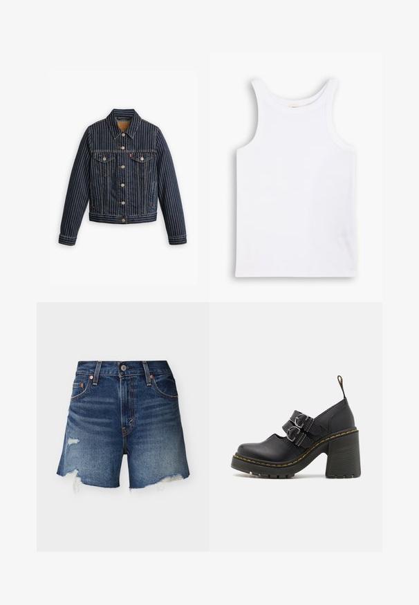 Blaue Jeansjacke mit weißen vertikalen Streifen, Knopfverschluss, zwei Brusttaschen und einem Kragen. Nähte sichtbar entlang der Säume.; Weißes Baumwoll-Tanktop mit breiten Schulterträgern, einem runden Halsausschnitt und einer glatten, gerippten Textur. Keine Muster oder Akzente vorhanden.; Blaue Jeansshorts mit ausgefransten Kanten und abgenutzten Stellen auf einfarbig hellem Hintergrund, Vorderansicht.; Schwarze High Heels mit einer strukturierten Sohle, ausgestattet mit zwei silbernen Schnallen, gelben Nähten und einer Schlaufe hinten für einfaches Anziehen.