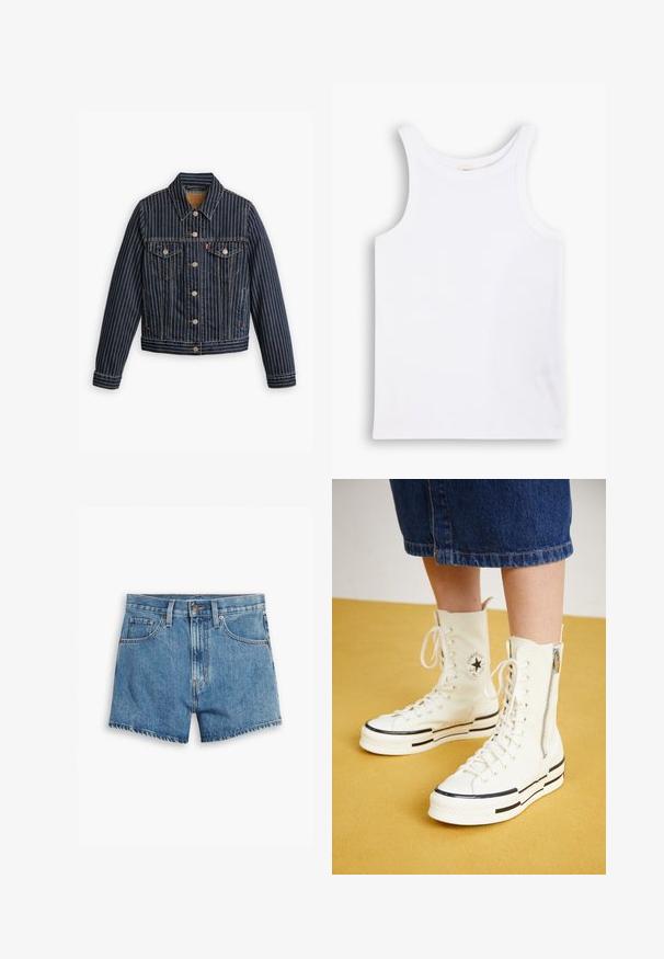 Blaue Jeansjacke mit weißen vertikalen Streifen, Knopfverschluss, zwei Brusttaschen und einem Kragen. Nähte sichtbar entlang der Säume.; Weißes Baumwoll-Tanktop mit breiten Schulterträgern, einem runden Halsausschnitt und einer glatten, gerippten Textur. Keine Muster oder Akzente vorhanden.; Hellblaue Denim-Shorts mit fünf Taschen, einem Reißverschluss und einem Knopfverschluss. Der Saum ist fransig und das Design bietet eine lässige Passform.; Weiße High-Top-Sneaker mit Reißverschluss, Schnürdesign und schwarzen Streifenakzenten auf einer dicken Sohle. Texturiertes Canvas-Material.